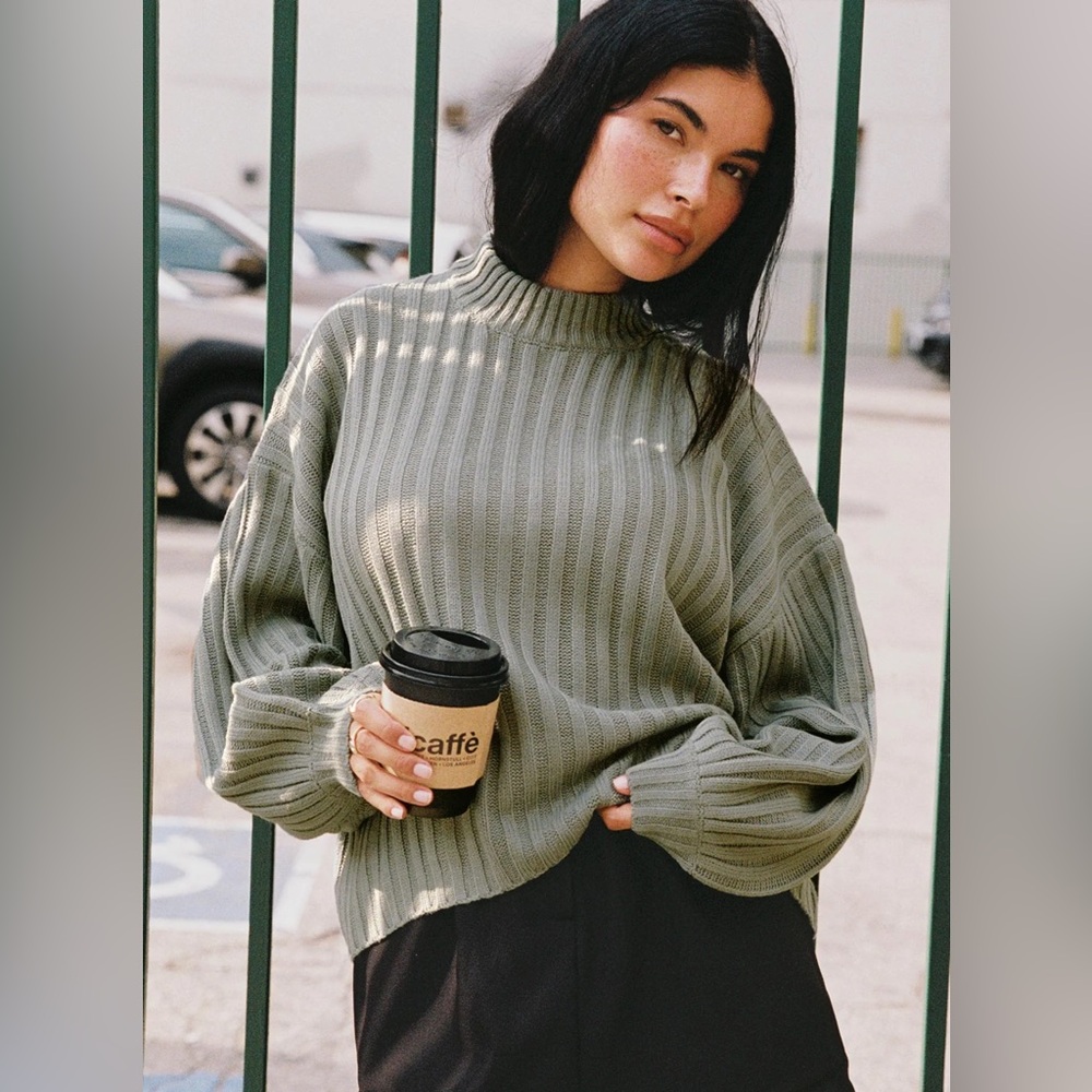 Princess Polly Ribbed Knit Sweater - Sage Green - Picture 1 of 5